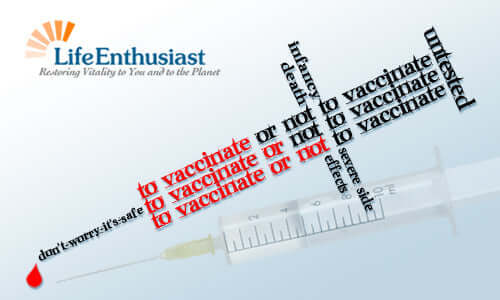Image featuring a syringe with text related to vaccination options and safety concerns about vaccination.