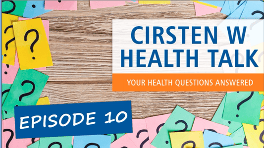 Cirsten W Health Talks Episode 10 featured with colorful question marks and a wooden background.