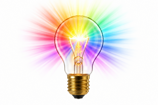 Lumiram Chromalux Lights and Bulbs shining brightly with a spectrum of colors in the background.