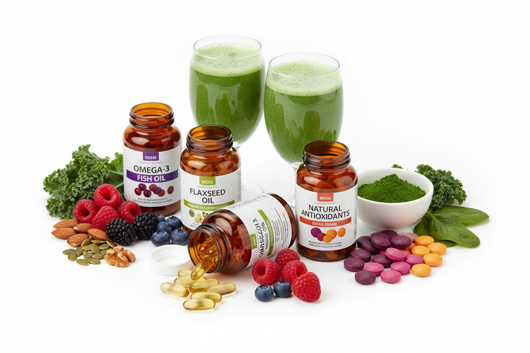 Healthy supplements including Natural Antioxidants, omega 3 fish oil, and flaxseed oil with smoothies and berries.