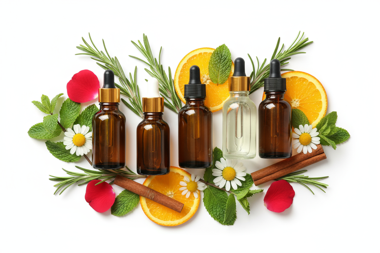 Pure Essential Oils in amber bottles with herbs, citrus slices, and flowers for aromatherapy and well-being.