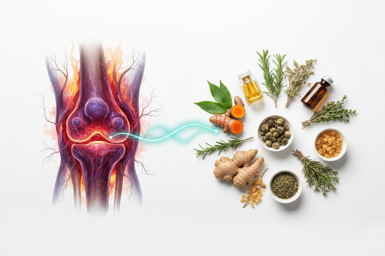 Illustration of an inflamed joint with natural herbs and oils for Support for Mobility and Comfort