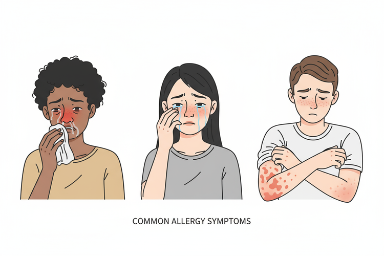 Illustration of common allergy symptoms, highlighting sensitive system support including sneezing and skin rashes.