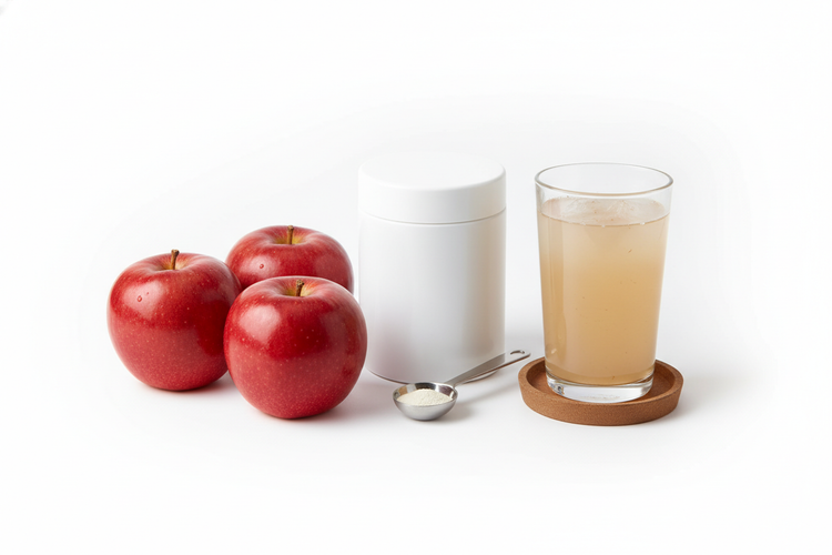 Dietary Fiber for Digestive Health products including apples, powdered fiber supplement, and a glass of fiber drink.