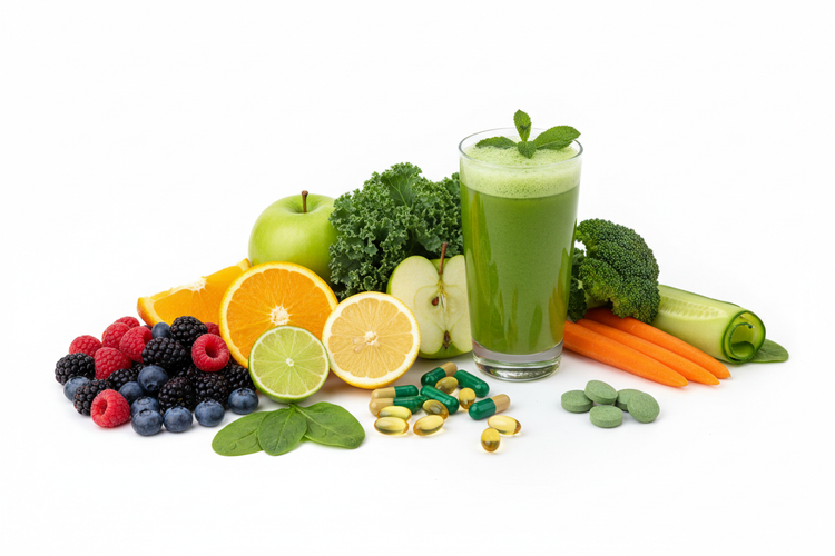 Organic Nutrient Dense Powders showcased with a green smoothie, fresh fruits, vegetables, and dietary supplements.