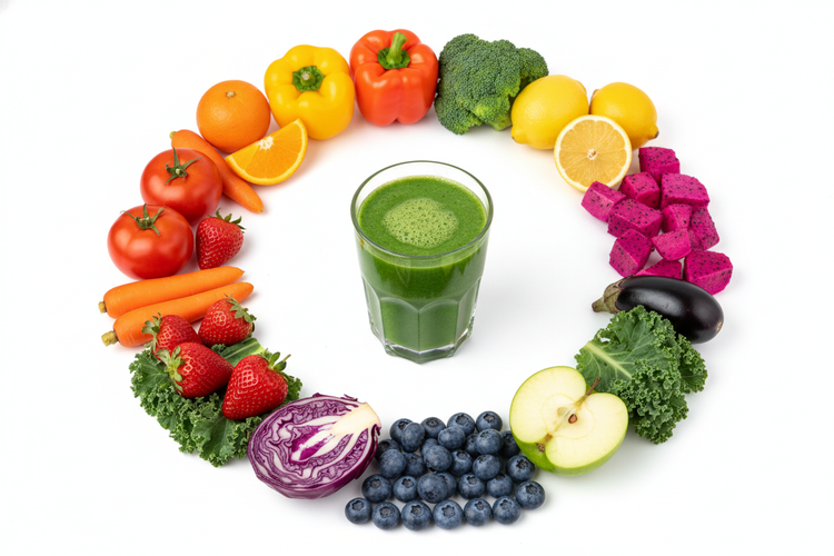 Organic Raw Whole Food Supplements arranged in a circle with a green smoothie at the center, featuring various fruits and vegetables.