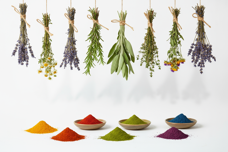 Professional Grade Dried Botanicals arranged as hanging herbs and vibrant powdered spices on a white background.