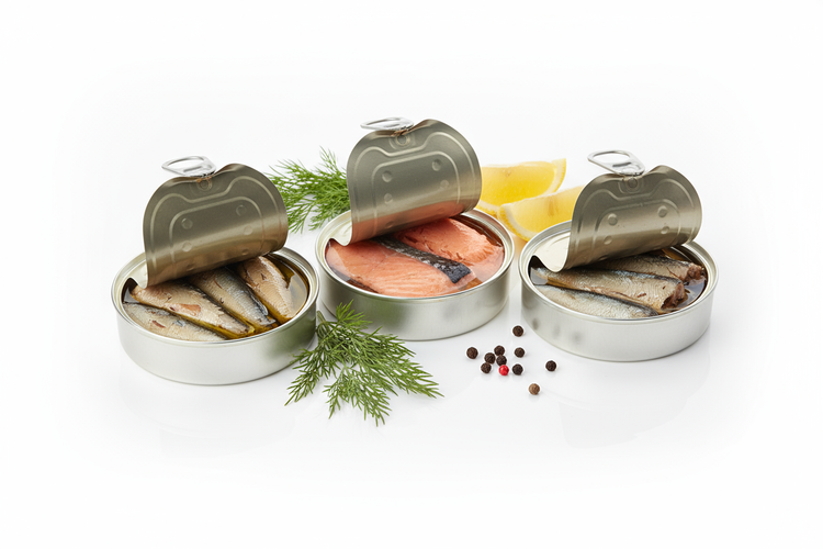 Canned fish featuring mackerel and salmon, highlighting Essential Fats for Healthy Brain.