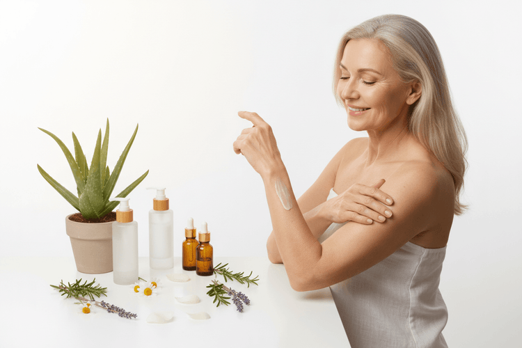 Woman applying skin care product from a bottle, showcasing Transdermal Botanical Nutrient Delivery.