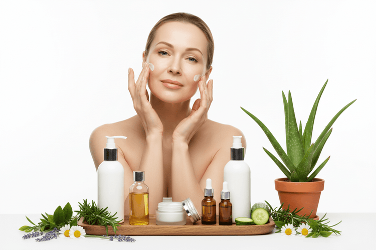 Woman applying cream to her face surrounded by skincare products for Botanical Dermal Hydration.