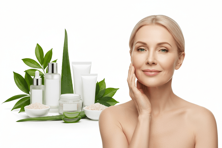 Botanical Rejuvenation collection showcasing skincare products and a woman with a clear complexion.