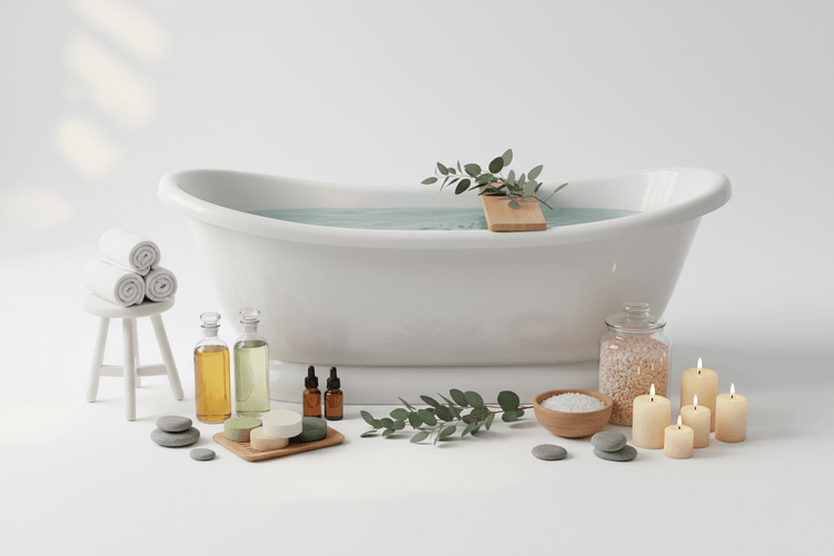 Therapeutic Mineral Detoxification with a relaxing bath setup featuring oils, candles, and soft towels.