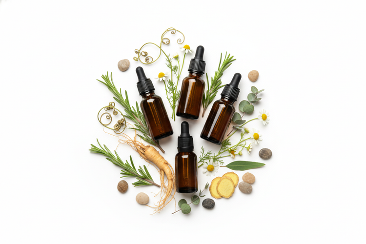 Herbal tinctures arranged with herbs and natural elements, showcasing Bioavailable Liquid Botanical Extracts.
