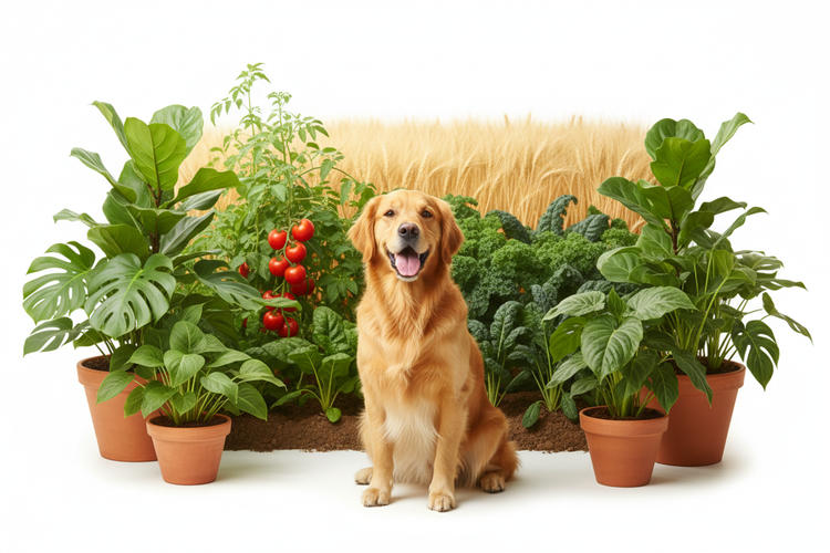 A golden retriever sits among thriving plants and crops, representing Biological Vitality Enrichment.
