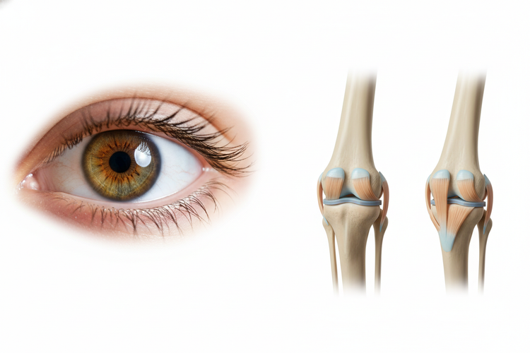 Close-up of an eye and detailed view of knee joint anatomy, highlighting support for accelerated recovery supplements.
