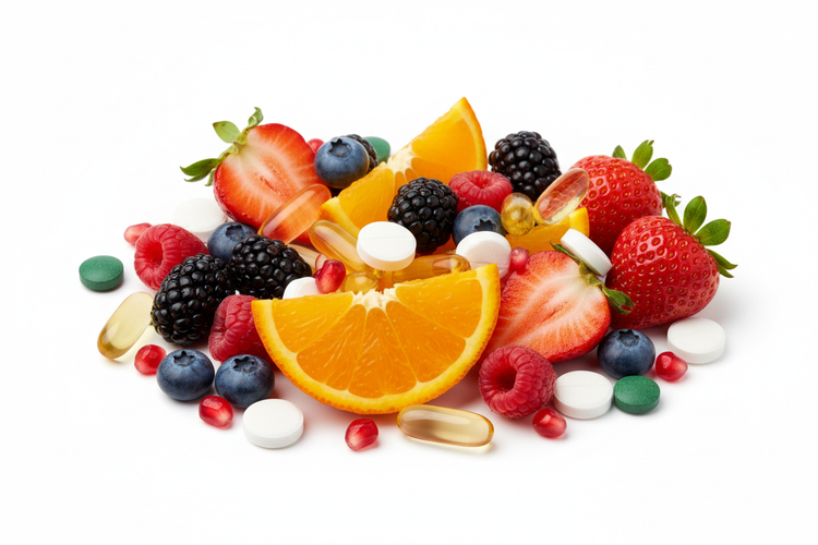 Colorful array of fruits, berries, and supplements representing Organic Whole Food Nutrition and health benefits.