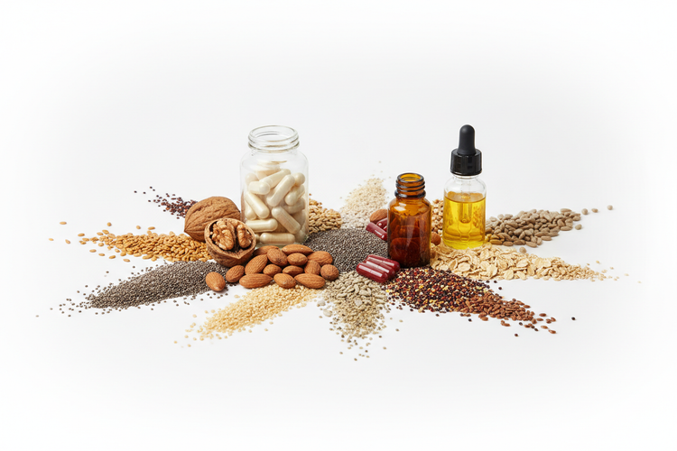 Image of grains, nuts, seeds, oils, and supplements representing Organic Whole Food Nutrition.