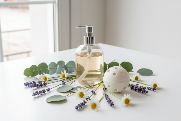 Soap and laundry products featuring non toxic and hypoallergenic ingredients, surrounded by flowers and greenery.