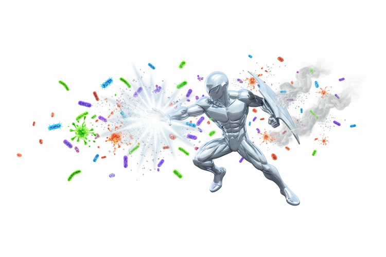 Silver superhero representing Natural Immune Defense, defeating germs and promoting vitality.