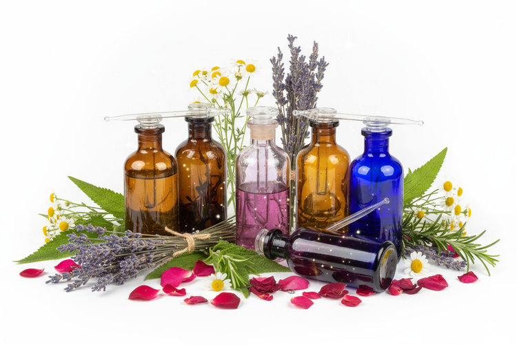 Herbal Extracts with various bottles and herbs, showcasing Spagyric herbal medicine and natural wellness.