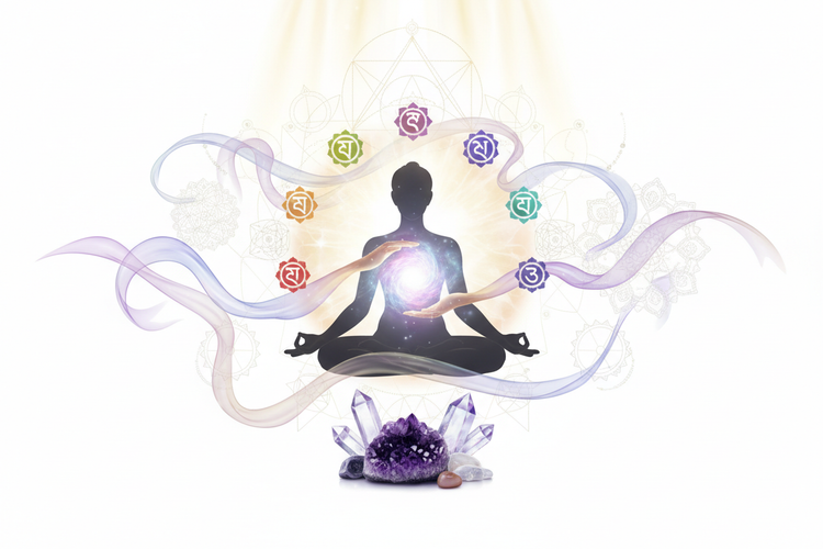 A meditation silhouette surrounded by chakras and crystals, representing Vibrational Support and spiritual energy.