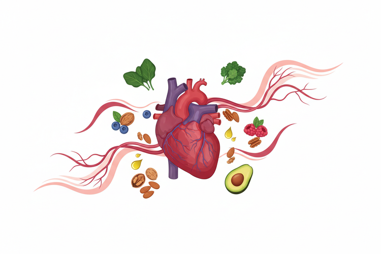 Heart illustration with healthy foods like avocado, berries, and almonds promoting Cardiovascular Wellness Support.