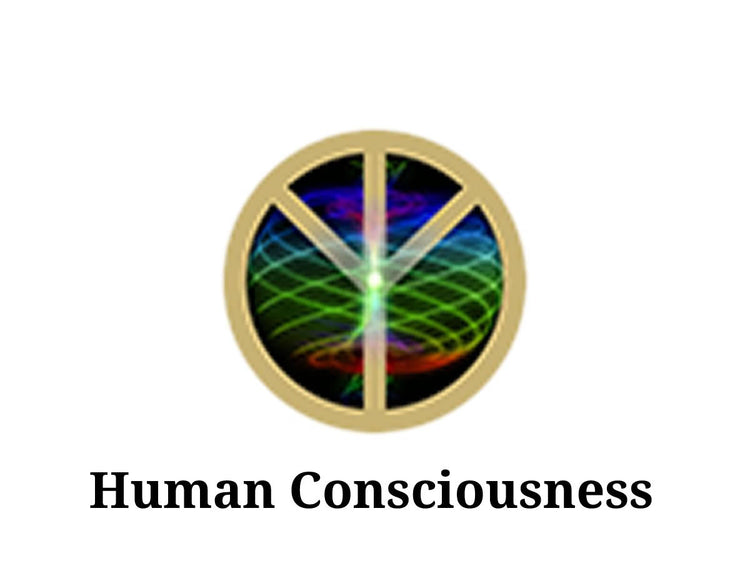 Logo representing Human Consciousness with a peace symbol and colorful patterns.