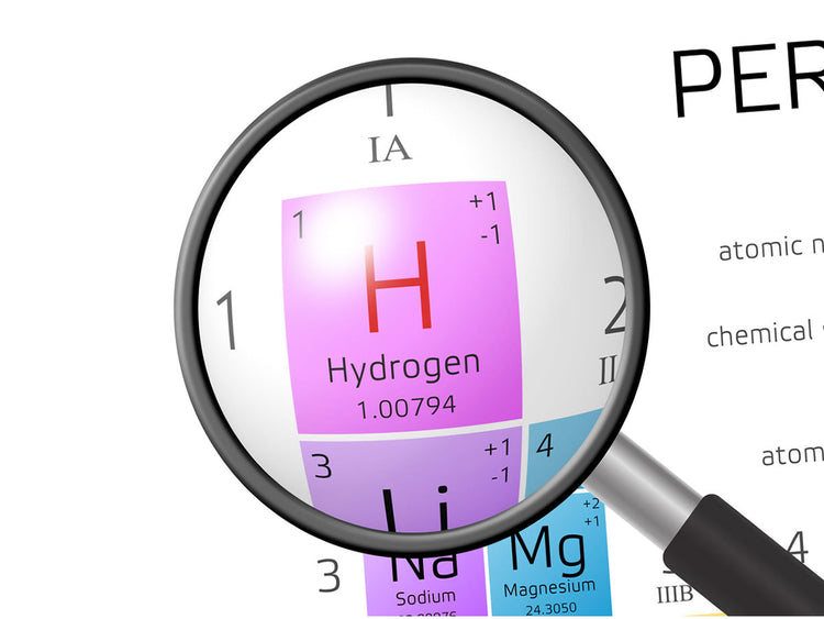 Magnified view of the Hydrogen element from the periodic table, representing Molecular Hydrogen Antioxidant.