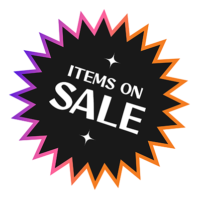 Items on Sale promotional graphic with a starburst design.