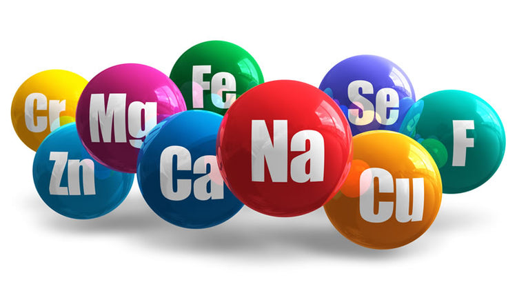 Colorful mineral balls representing High Absorption Non Synthetic Multi Mineral Supplements including Na, Mg, and Ca.