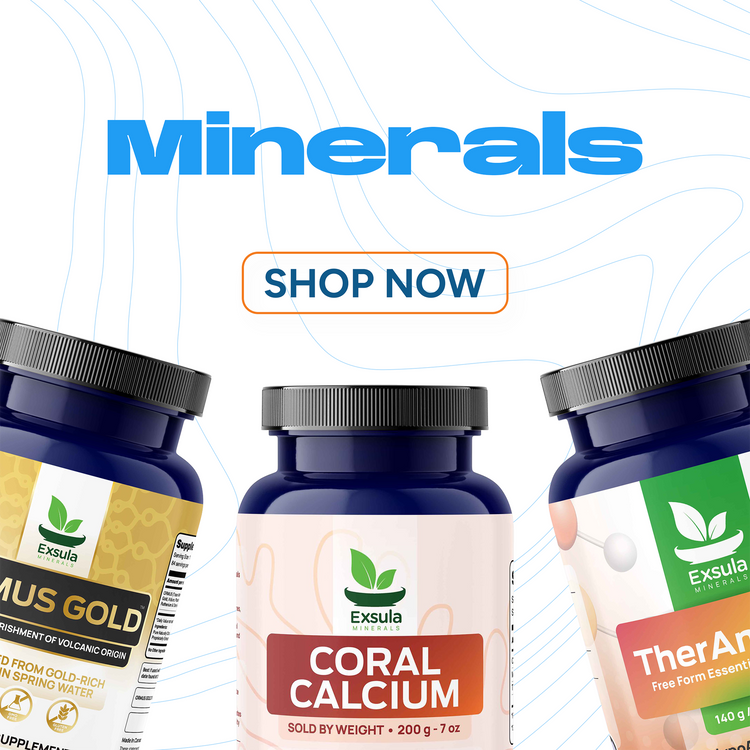 Exsula Minerals Cell Ready Mineral Delivery Supplements selection with jars of minerals on display.
