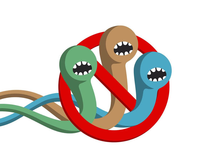 Cartoon illustration of worms symbolizing Opportunistic Organism Cleansing, representing intestinal health.