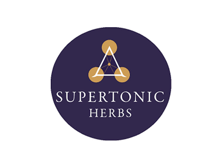 Logo of SuperTonicHerbs, featuring a geometric design and the words SuperTonic Herbs on a dark background.