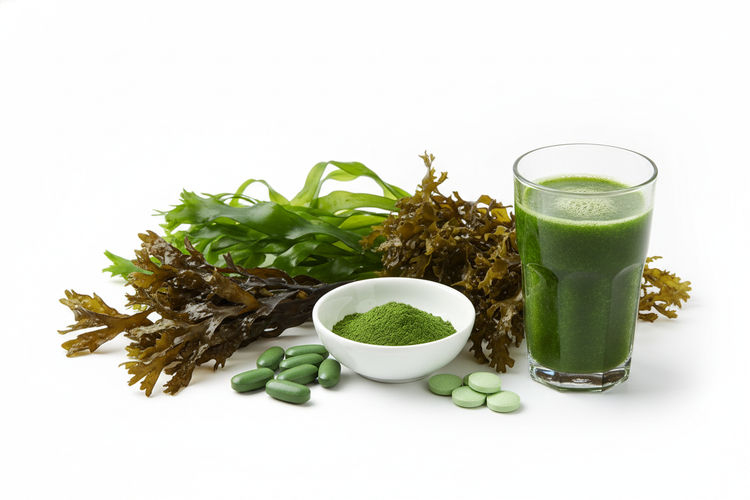 Fresh seaweed and algae with a green smoothie representing Full Spectrum Nutrition for health and energy.