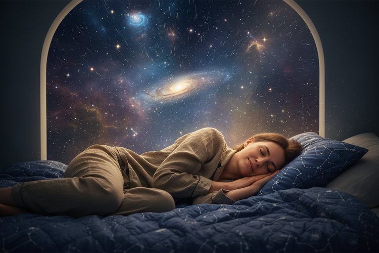 A woman sleeping peacefully on a bed with a galaxy backdrop, promoting Circadian Rhythm Support for quality sleep.