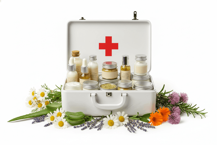 Therapeutic Barrier Restoration collection in a first aid kit with natural skincare products and flowers.