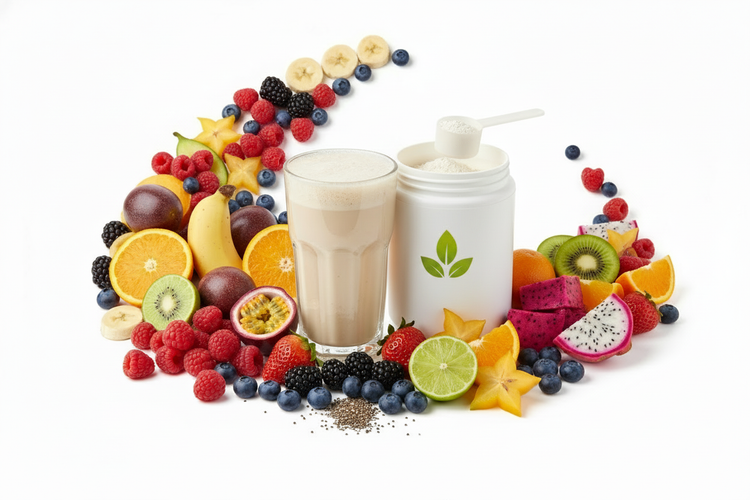 Protein Concentrates - Bioavailable Organic Powders surrounded by colorful fruits and a smoothie.