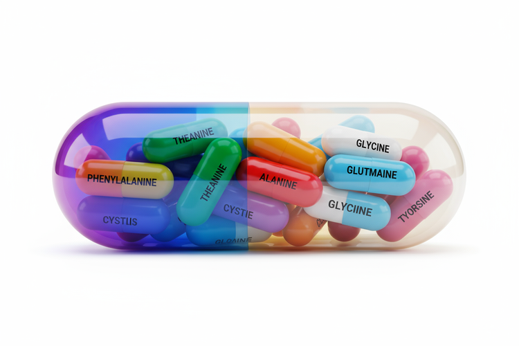 Free Form Essential Amino Acid Supplements in a transparent capsule with labeled amino acids.