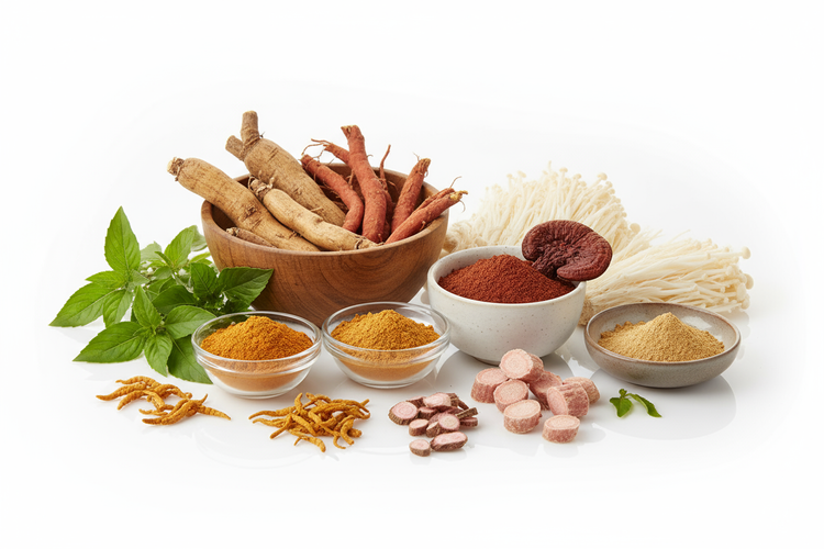 Natural Botanical Support for Stress and Balance featuring various adaptogenic herbs and spices.