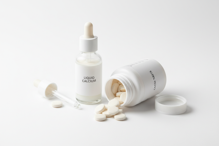 Liquid Calcium and tablets, highlighting Calcium and Magnesium are Both Essential for Bone Strength.