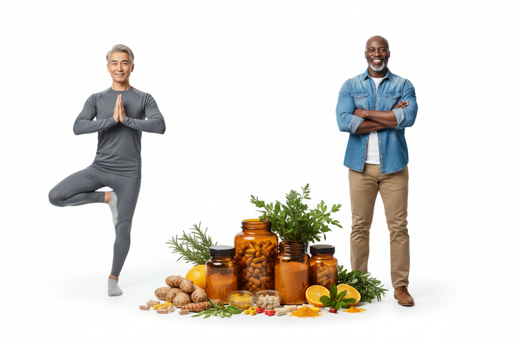 Men's health focus with support for hormones, prostate, energy and performance from natural supplements.