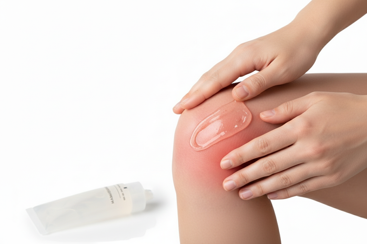 Person applying Transdermal Magnesium Chloride gel on a knee for relaxation and comfort.