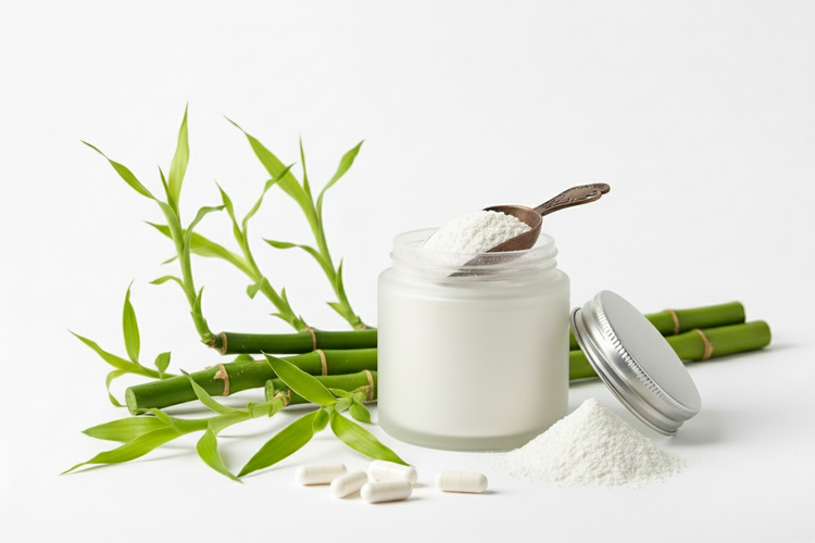 Silica supplement for collagen and connective tissue support with bamboo and capsules on a white background.