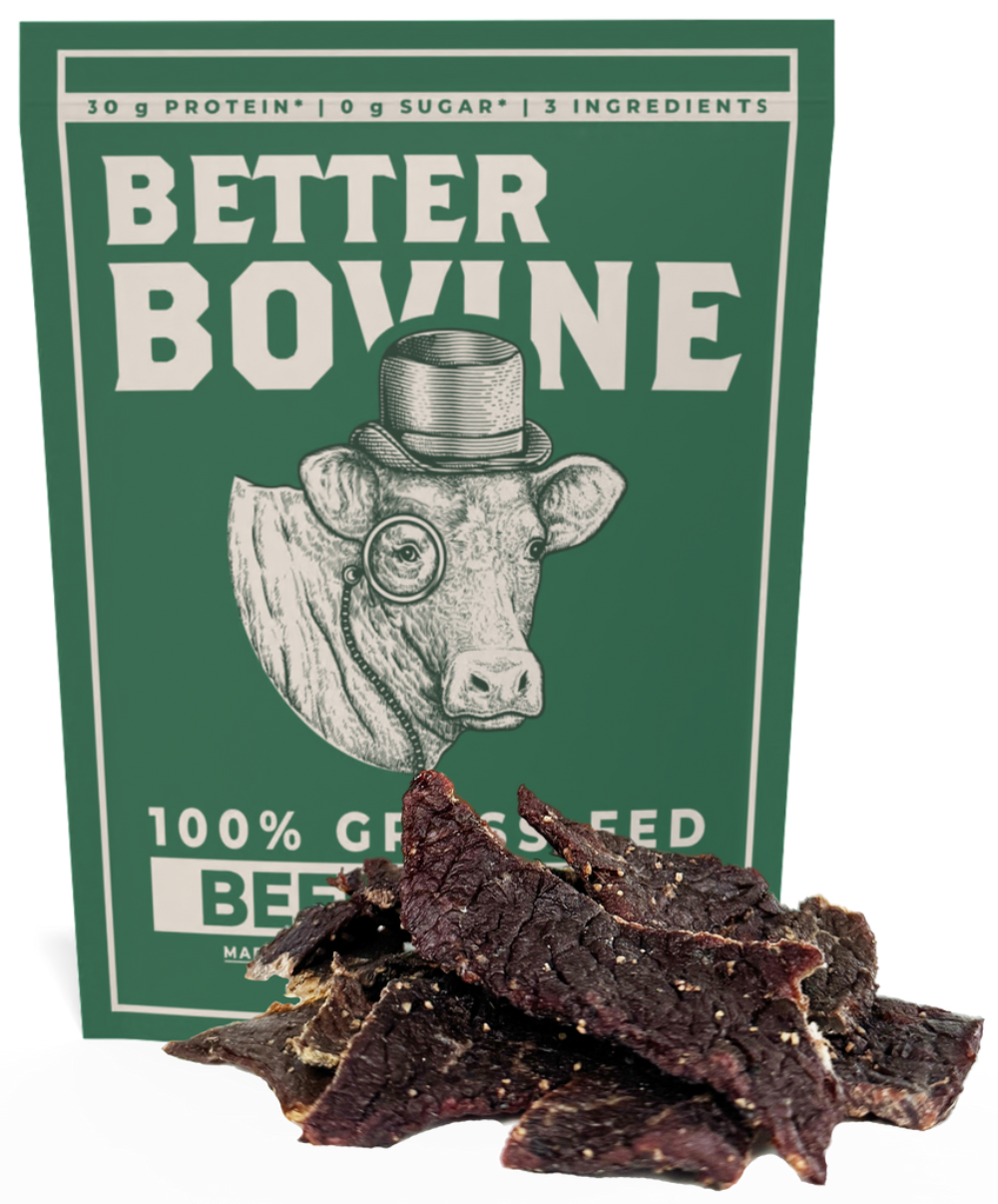 Bundle Grass-fed Beef Jerky with Better Bovine packaging and beef jerky pieces, showcasing clean ingredients and high protein.