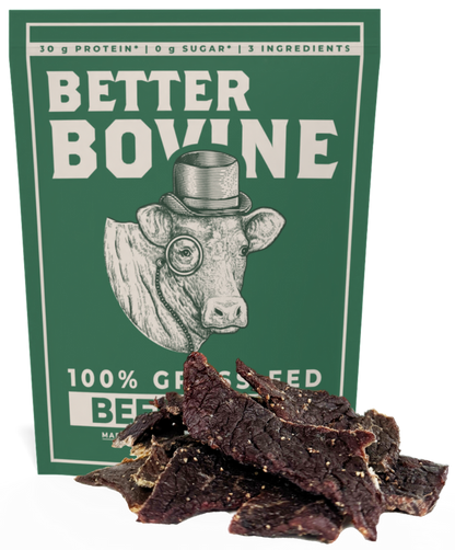Bundle Grass-fed Beef Jerky with Better Bovine packaging and beef jerky pieces, showcasing clean ingredients and high protein.