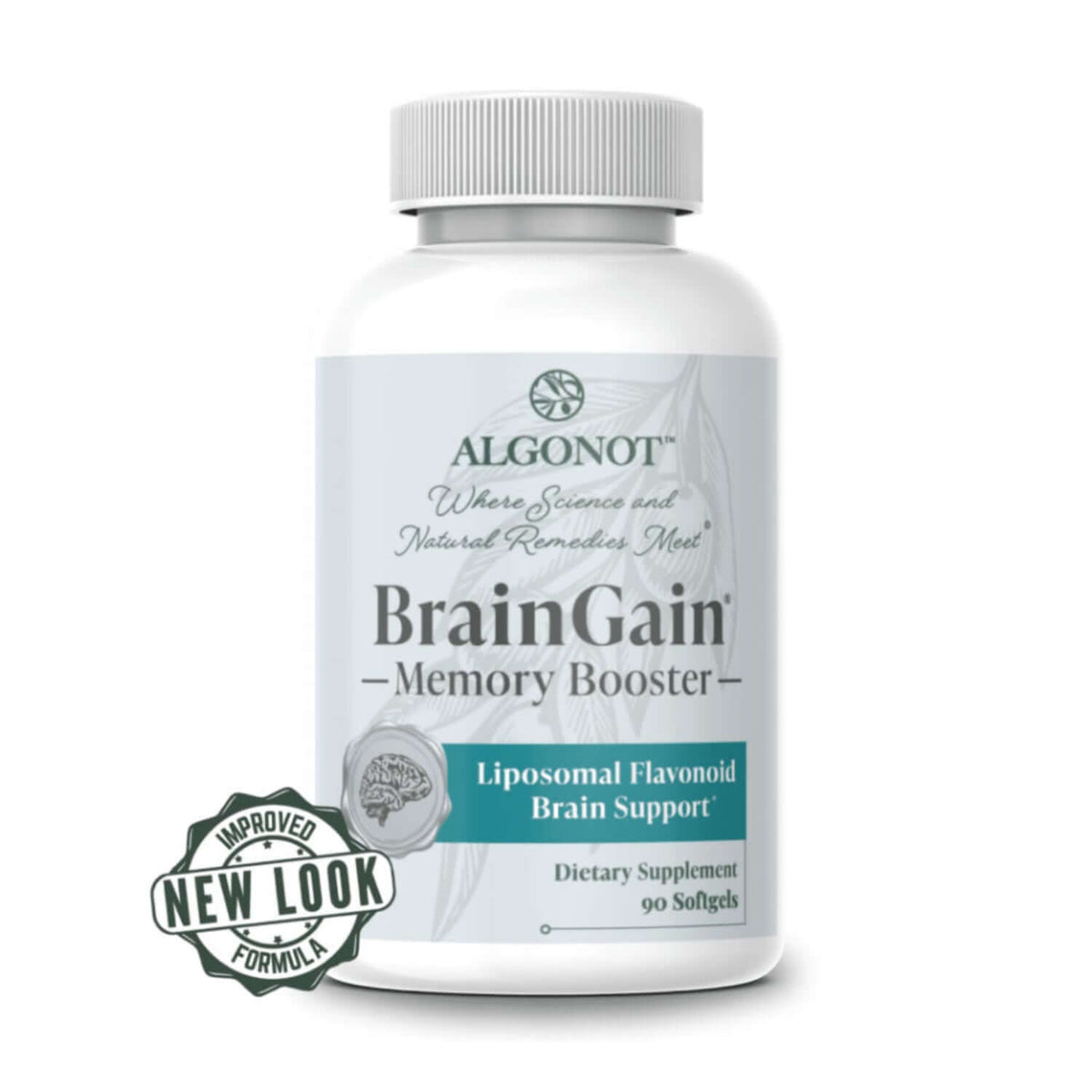 BrainGain Memory Booster bottle featuring Liposomal Flavonoid Brain Support by Algonot, 90 softgels, new look formula.