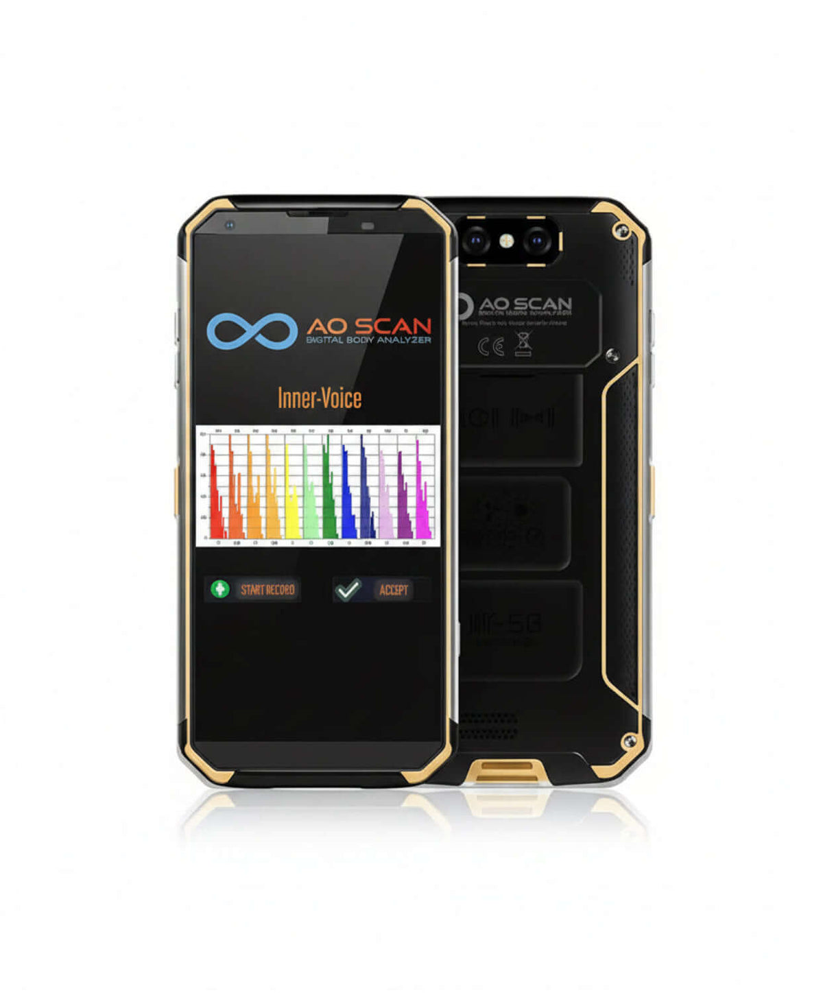 AO Scan - Initial Session device showing Inner Voice analysis screen with frequency patterns for emotional expression.