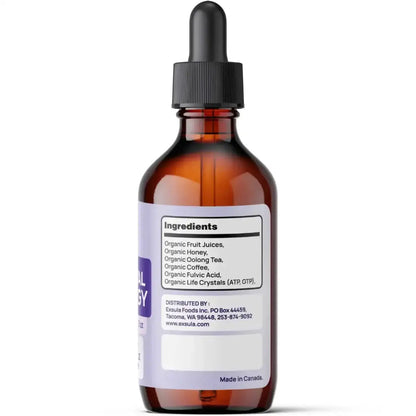 Natural ATP Synthesis Support Liquid bottle with ingredients list including organic juices, honey, and ATP GTP.