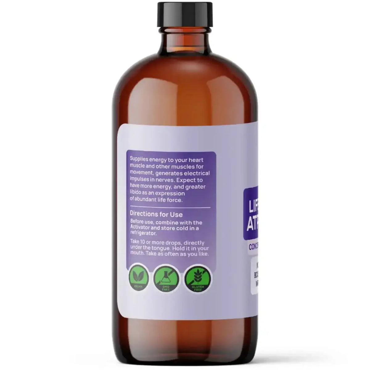 Natural ATP Synthesis Support Liquid in a brown bottle, highlighting energy support and usage directions.