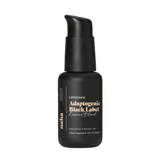 Liposomal Hormone Balance supplement bottle, Adaptogenic Black Label for metabolic and hormonal health.